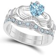 14K White GoldPlated Crown Design Claddagh Bridal Set 1 CT HeartCut