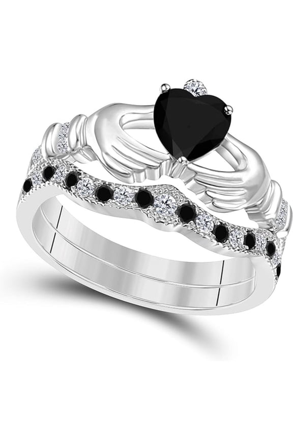 14K White Gold-Plated Crown Design Claddagh Bridal Set 1 CT Heart-Cut Black Diamond Engagement Ring with Curved Wedding Band 925 Sterling Silver Anniversary Gift For Women