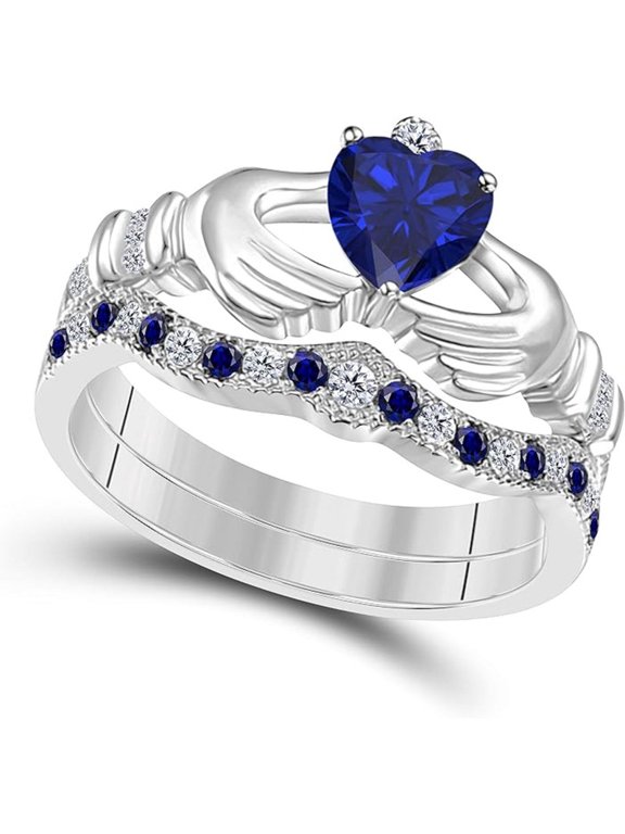 14K White Gold-Plated Crown Design Claddagh Bridal Set 1 CT Heart-Cut Blue Sapphire Engagement Ring with Curved Wedding Band 925 Sterling Silver Anniversary Gift For Women