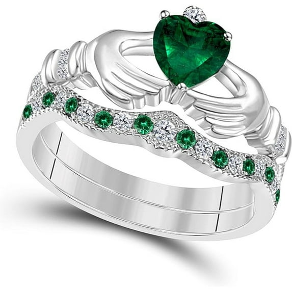 14K White Gold-Plated Crown Design Claddagh Bridal Set 1 CT Heart-Cut Green Emerald Engagement Ring with Curved Wedding Band 925 Sterling Silver Anniversary Gift For Women