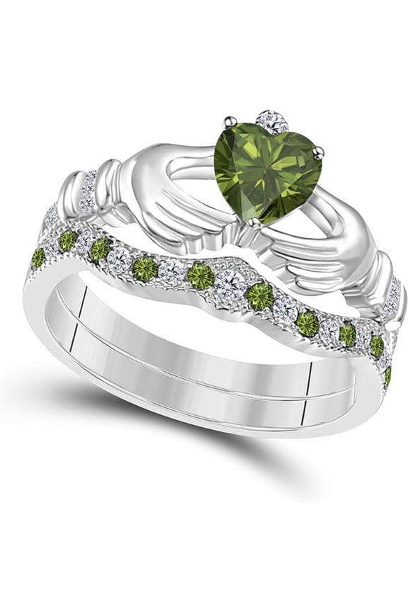 14K White Gold-Plated Crown Design Claddagh Bridal Set 1 CT Heart-Cut Green Tourmaline Engagement Ring with Curved Wedding Band 925 Sterling Silver Anniversary Gift For Women