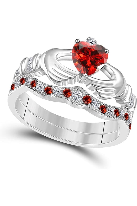 14K White Gold-Plated Crown Design Claddagh Bridal Set 1 CT Heart-Cut Red Garnet Engagement Ring with Curved Wedding Band 925 Sterling Silver Anniversary Gift For Women