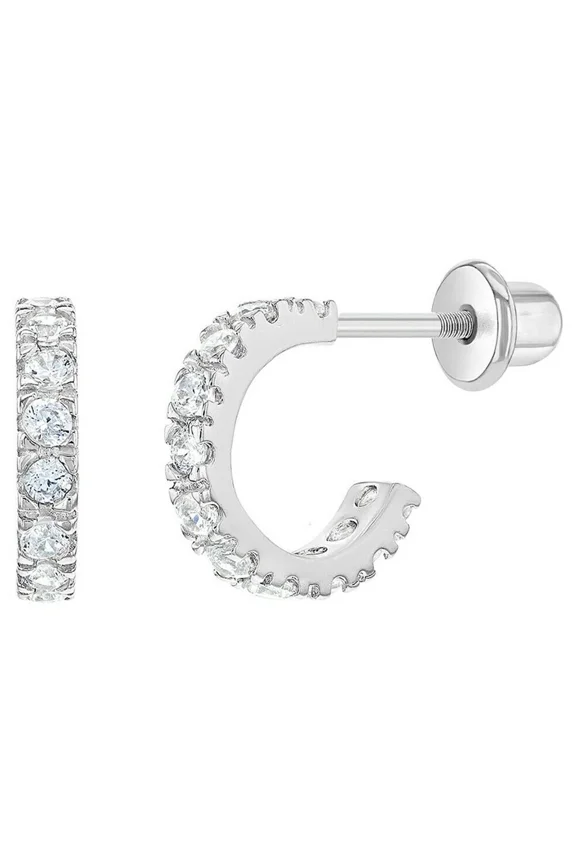 14K White Gold Plated Cubic Zirconia Half Hoop Screw Back Stud Earrings for Women 925 Sterling Silver