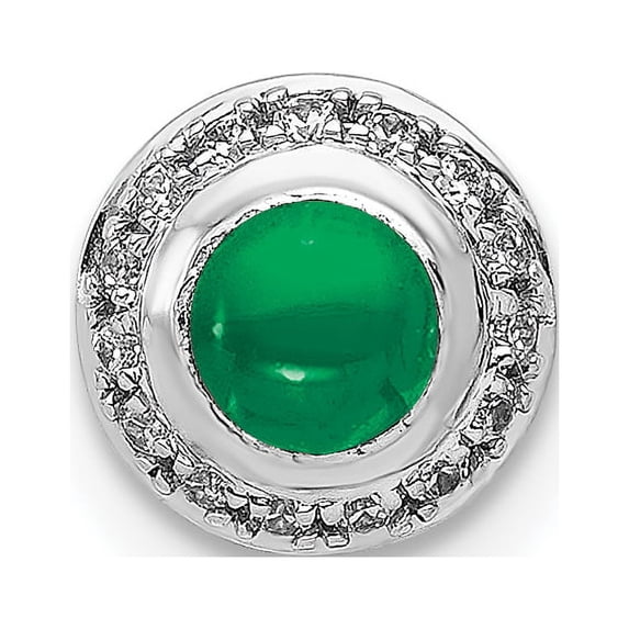 14K White Gold Plated Diamond & Cabachon Emerald Pendant