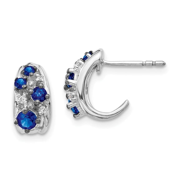14K White Gold Plated Diamond and Sapphire Polished Post Hoop Dangle Earrings