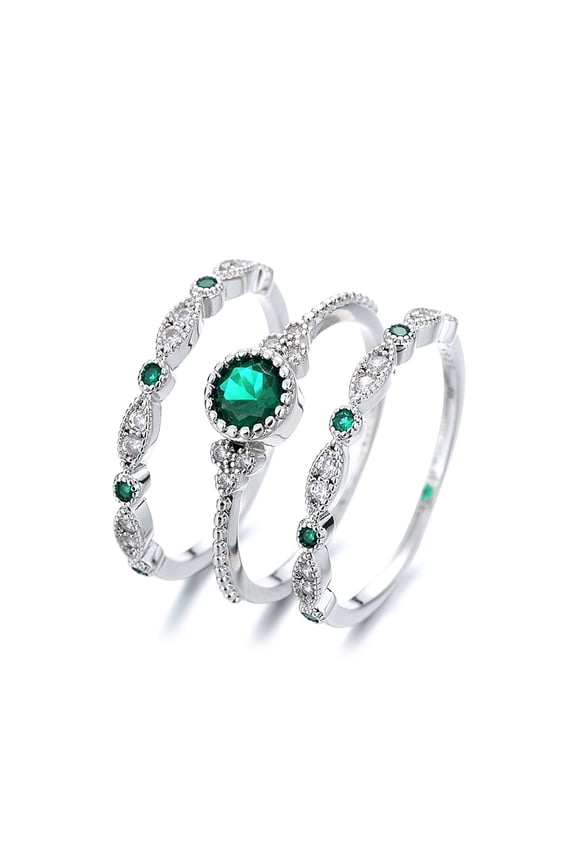 14K White Gold Plated Emerald Bezel French MiligrainRingSet