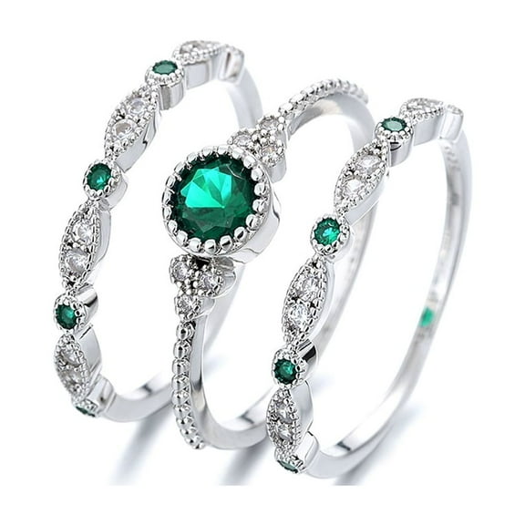 Amy and Annette 14K White Gold Plated Emerald Bezel French MiligrainRingSet