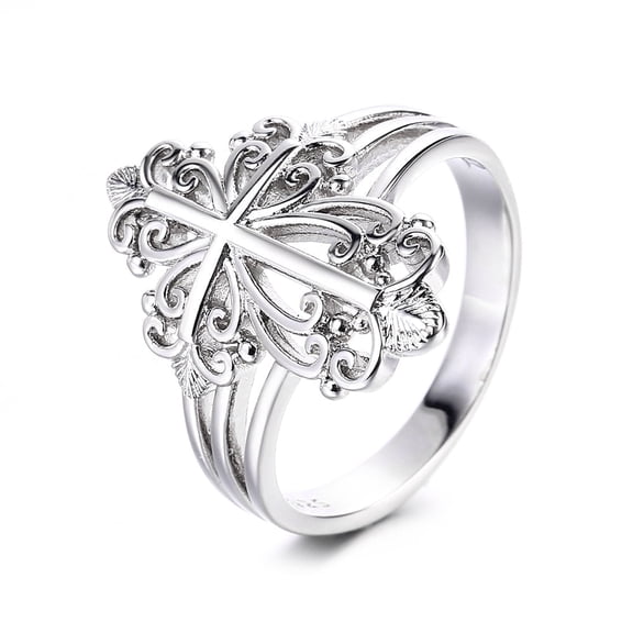 14K White Gold Plated Filigree Cross Ring