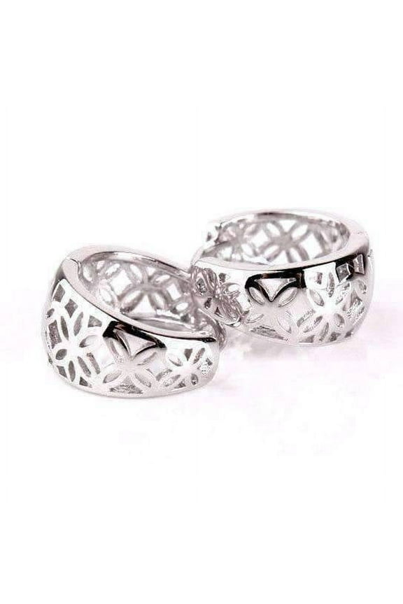 14K White Gold Plated Filigree Flower Huggie Earrings - Women's Special Occasion Jewelry