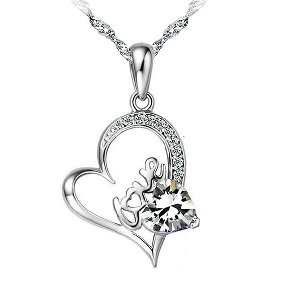 14K White Gold Plated Forever Lover Heart Pendant Necklace For Women