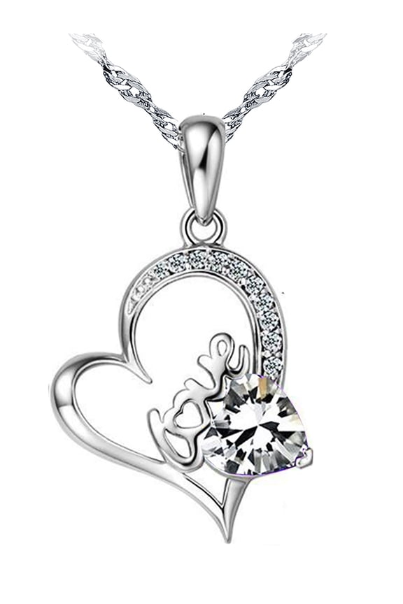 14K White Gold Plated Forever Lover Heart Pendant Necklace For Women