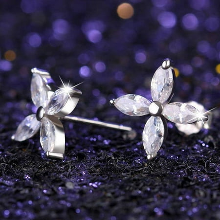 14K White Gold Plated Four Petals Austrian Crystal Flower Delicate Stud Earrings for Women