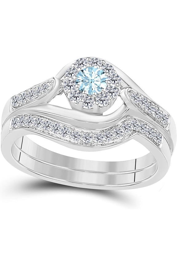14K White Gold-Plated Halo Style Bridal Set 1 CT Round Cut Aquamarine & White Engagement Ring with Wedding Band 925 Sterling Silver Anniversary Gift For Women
