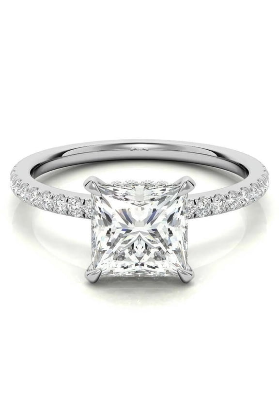 14K White Gold Plated Hidden Halo 2 Carat Princess Cut Natural Moissanite Engagement Ring for Women