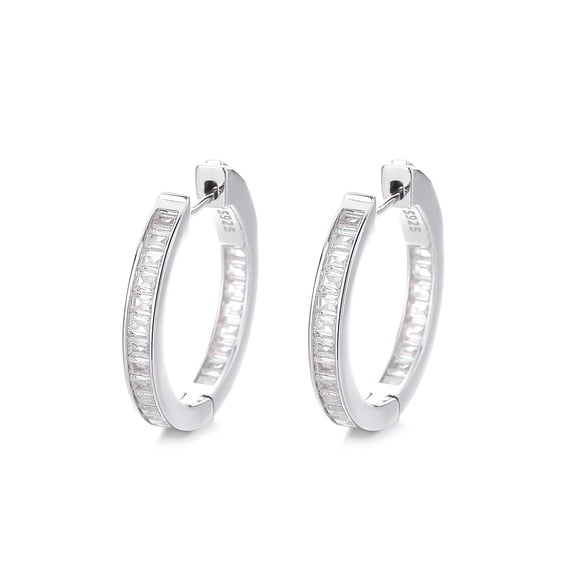 14K White Gold Plated Hoop Earring with in and out Emerald-Cut Simulated Diamonds