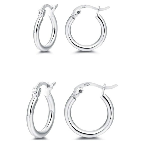 14K White Gold Plated Hoop Earrings - 2 Pairs Sterling Silver Post Small Hoops| White Gold Hoop Earrings Sets for Women(13mm 15mm)