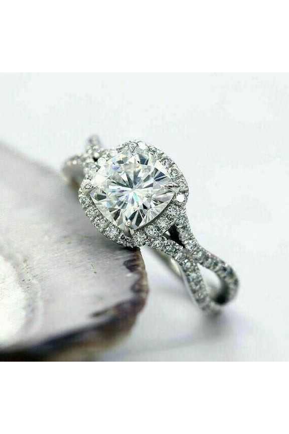 14K White Gold Plated Moissanite Engagement Ring 3 CT Cushion Cut