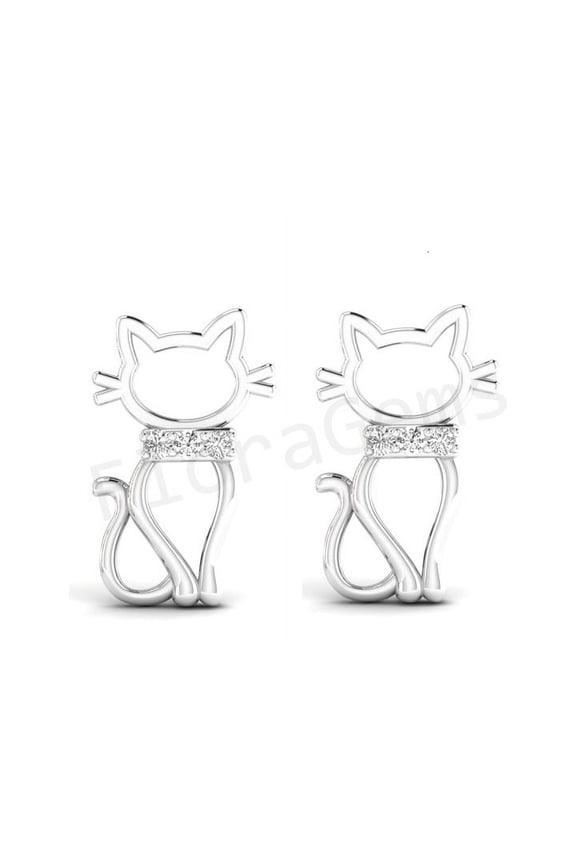 14K White Gold Plated Over 925 Sterling Silver Earrings Cat Stud Earring Gifts for Women Animal Lovers