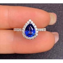 14K White Gold Plated Pear Cut Blue Sapphire & Halo White Diamond Wedding Engagement Ring For Women