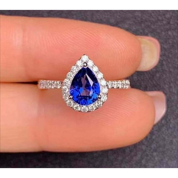 14K White Gold Plated Pear Cut Blue Sapphire & Halo White Diamond Wedding Engagement Ring For Women