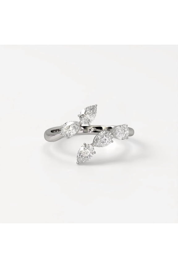 14K White Gold Plated Pear Cut Moissanite Ring Multi Stone Open Wrap Bypass Band Teardrop Cluster for Women