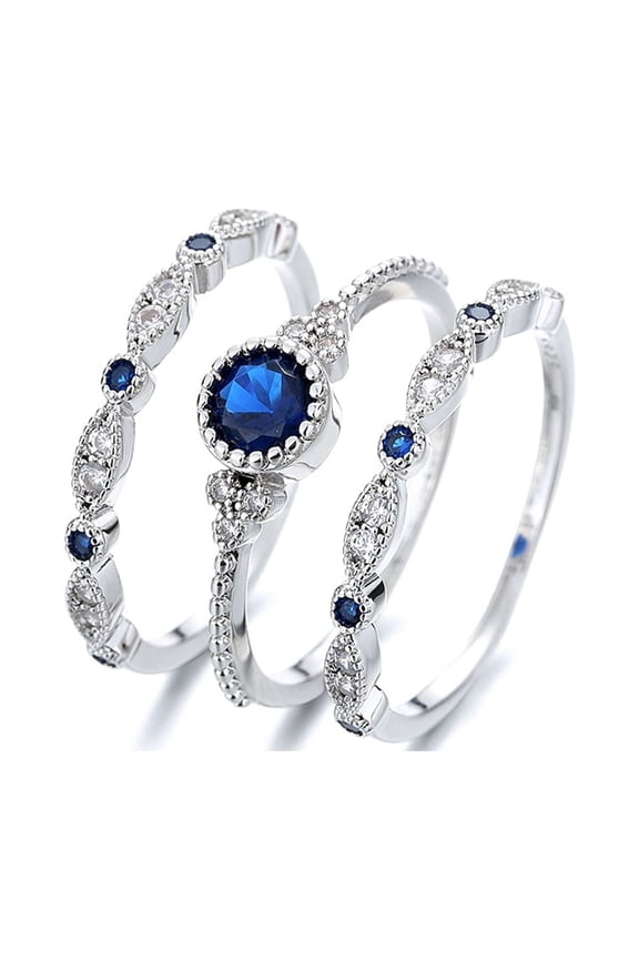 14K White Gold Plated Sapphire Bezel  Miligrain Ring Set