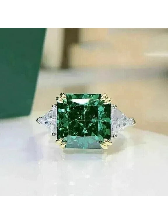 14K White Gold Plated Silver 1.20Ct Princess Cut Lab Created Green Emerald Solitaire Ring Women size 8.5