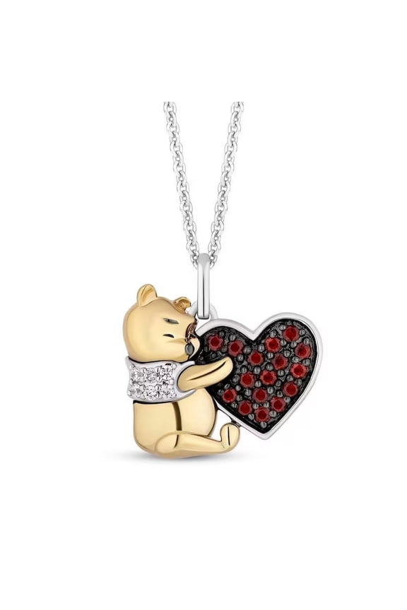 14K White Gold Plated Silver 1/5Ct Round Cut Lab Created Red Garnet & Diamond Women's Pooh Pendant