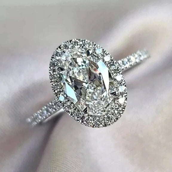 14K White Gold Plated Silver 3.60Ct Oval Cut Lab Created Diamond Halo Engagement Ring