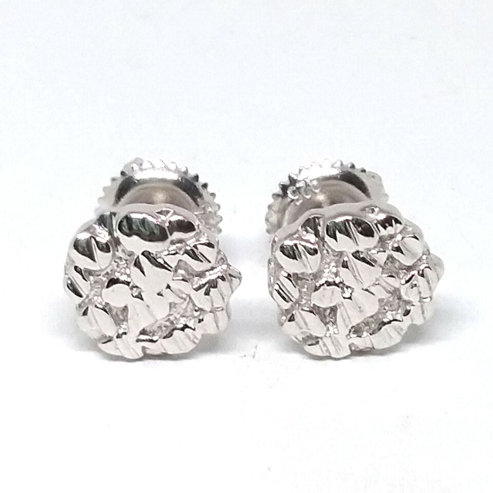 14K White Gold Plated Sterling Silver 8.5MM Round Diamond Illusion Nugget Stud Earrings, Unisex, Hypoallergenic, Screw-Back