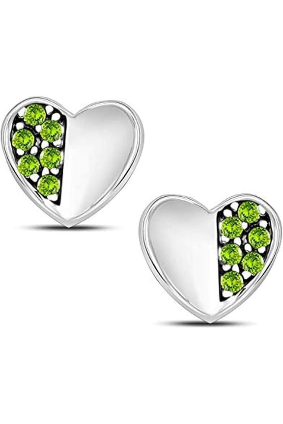14K White Gold Plated Silver Round Cut Simulated Green Peridot Half Pave Heart Stud Earring for Women's