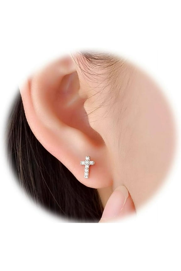 14K White Gold Plated Small Cross Silver Stud Earrings, Hypoallergenic Pave CZ Tiny Cross Stud Earrings for women