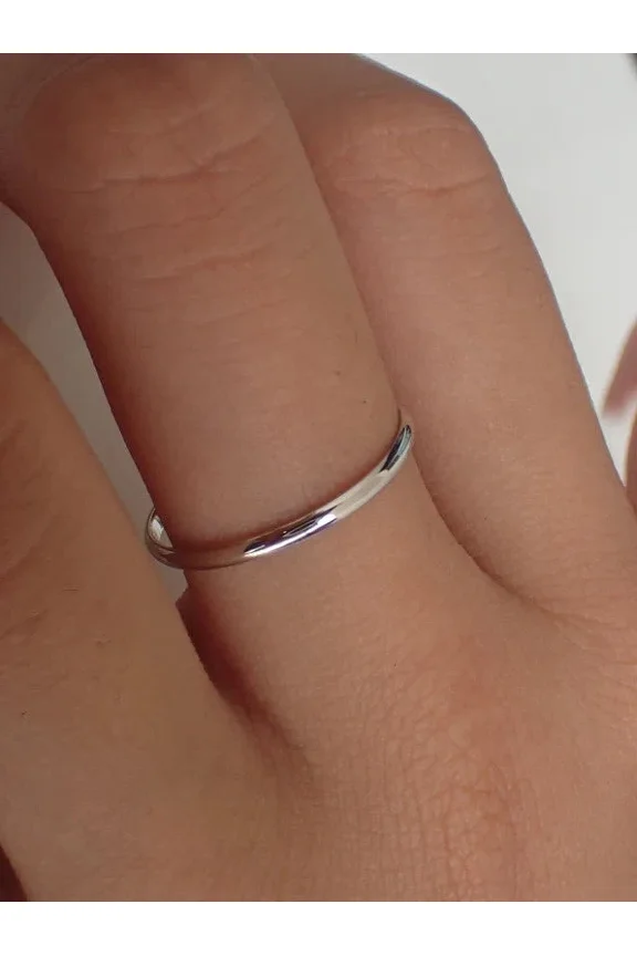 14K White Gold Plated Thin Plain Dainty Classic Dome Wedding Band Ring In 925 Sterling Silver