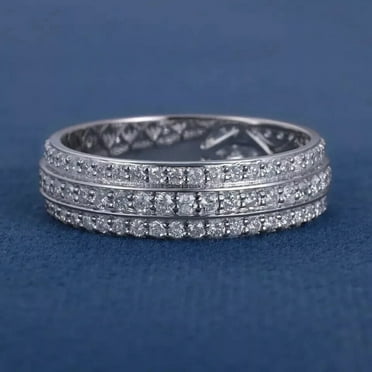 14K White Gold Plated Three Row Men's Wedding Band Ring Round Cut Diamond