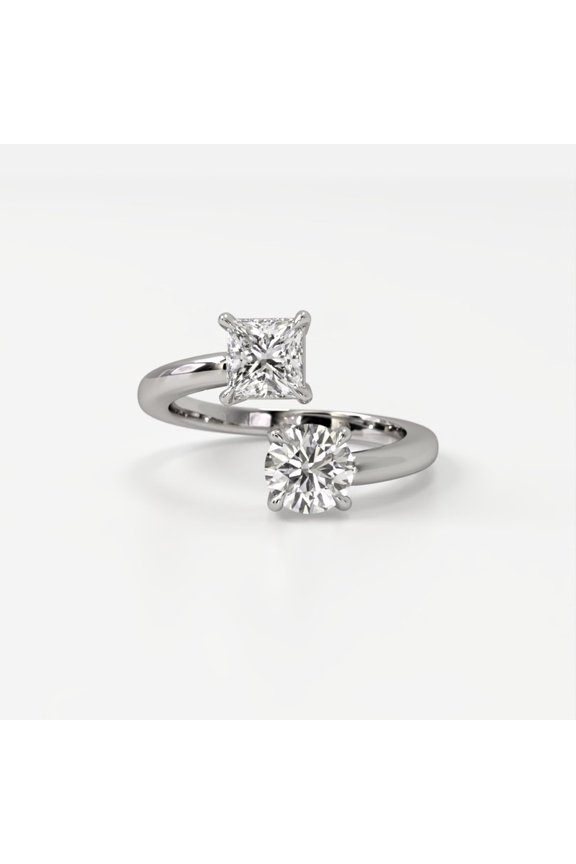 14K White Gold Plated Toi et Moi Moissanite Ring Round and Princess Cut Two Stone Open Bypass Band