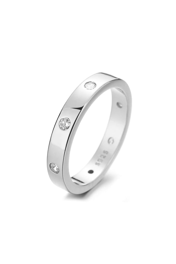 14K White Gold Plated thick Band Ring with Simulated Diamonds