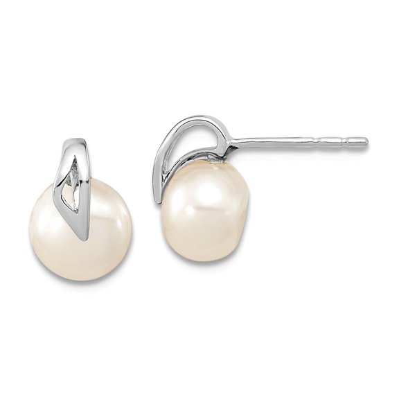 14K White Gold Polished Freshwater Cultured Pearl Post Earrings 12mm long Stud Earring for Women