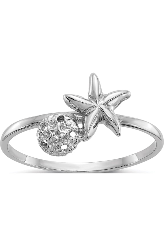 14K White Gold Polished Starfish & Sand Dollar Ring (Size 7) Made In United States k5757