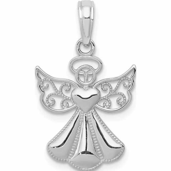 14K White Gold Polished/Textured Guardian Angel Heart Pendant Made In United States -Jewelry By Sweet Pea
