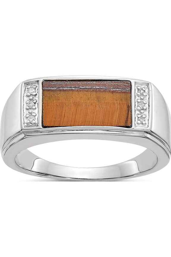 14K White Gold Polished Tigers Eye & A Quality Diamond Mens Ring (Size 10) Made In Thailand orw55a
