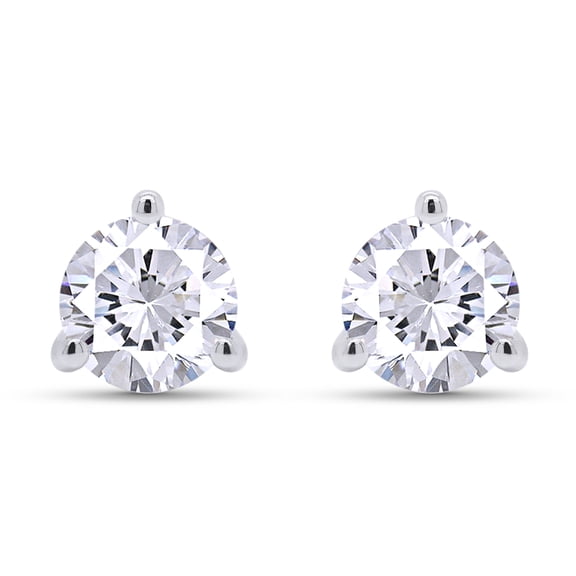 14K White Gold Post & 925 Sterling Silver 7.5MM Round Cut Lab Created Moissanite Diamond 3-Prong Martini Style Stud Earrings 3.0ct
