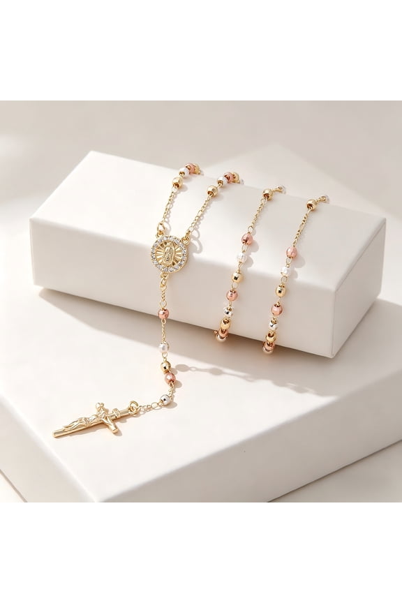 14K White Gold Prayer Beads Rosary Necklace with Virgin Mary Saint Benedict Religious Jesus Cross Pendent Long Chain Jewelry