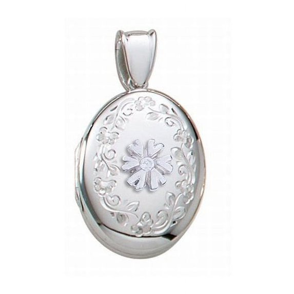 14K White Gold Premium Cremation and Hair Locket W/ Diamond Center 1/2 Inch X 1 Inch in Solid 14K White Gold