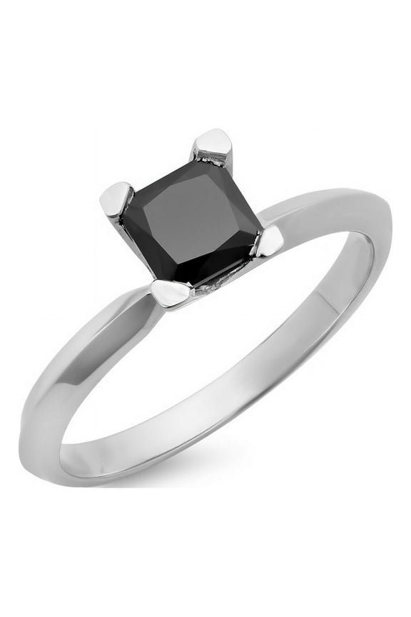 14K White Gold Princess Cut Black Diamond Ladies Solitaire Bridal Engagement Ring