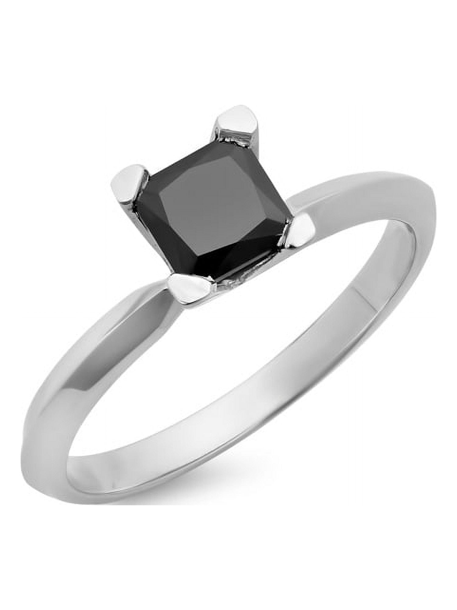 14K White Gold Princess Cut Black Diamond Ladies Solitaire Bridal Engagement Ring