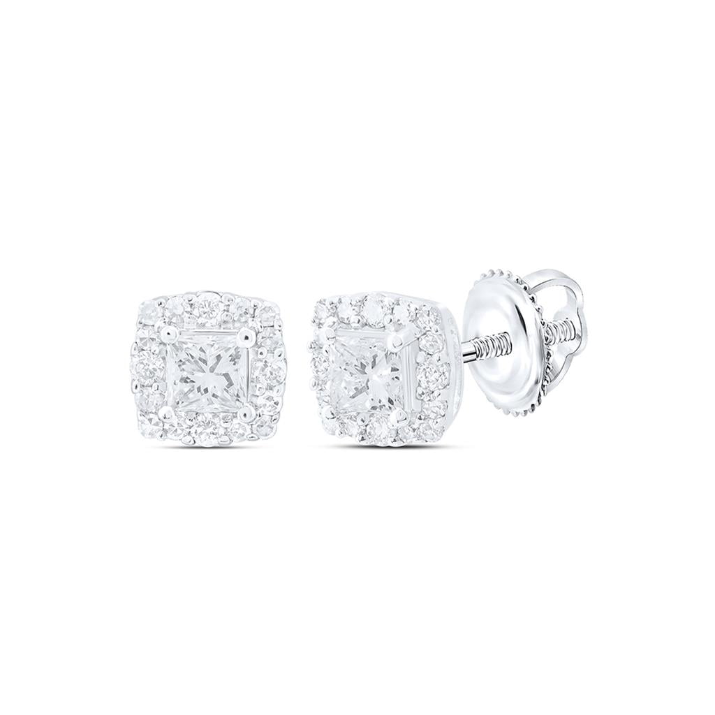 14K White Gold Princess Cut Diamond Solitaire Square Halo Stud Earrings 1/2 CT