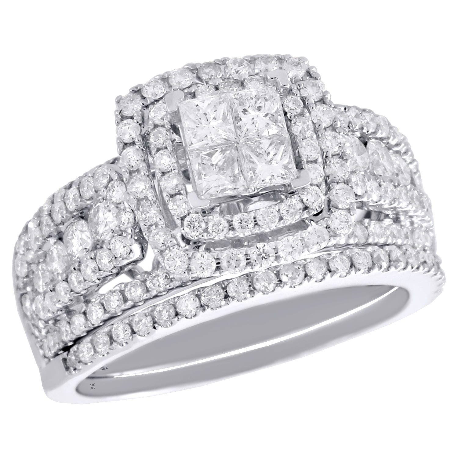 14K White Gold Princess Diamond Bridal Set Engagement + Wedding Rings 1 ...