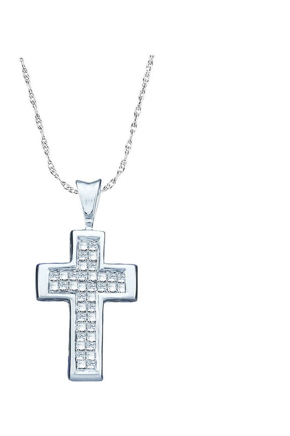 14K White Gold Princess Diamond Christian Cross Necklace Pendant 1/4 Ctw.