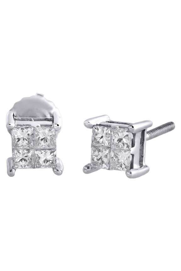 14K White Gold Princess Diamond Studs Quad Set Mini 5.60mm 3D Earrings 0.50 Ct.
