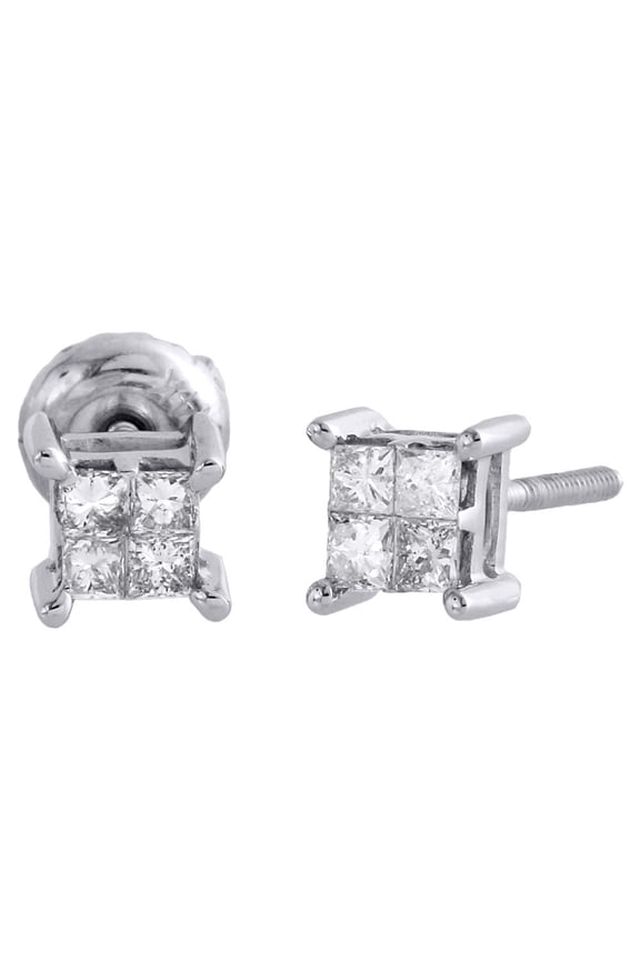 14K White Gold Princess Diamond Studs Quad Set Mini 5mm 3D Earrings 0.25 Ct.